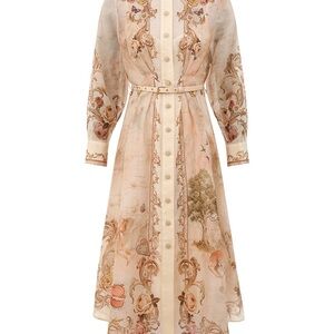 Zimmermann Peach and Ivory Floral-Print Long-Sleeve Shirt Dress